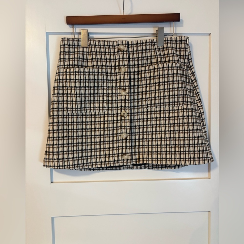 French Connection Black and Cream Plaid Button-Front Mini Skirt